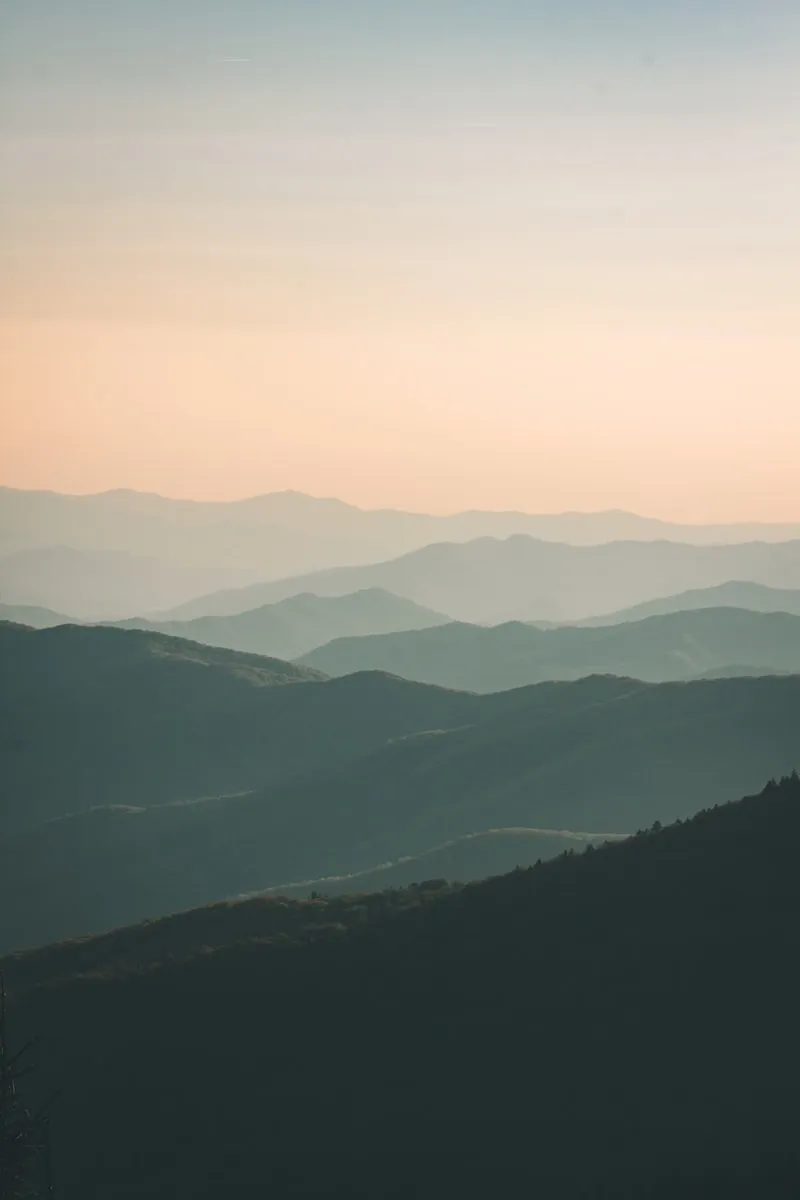 Misty Blue Ridge Mountain layers at sunset in western North Carolina